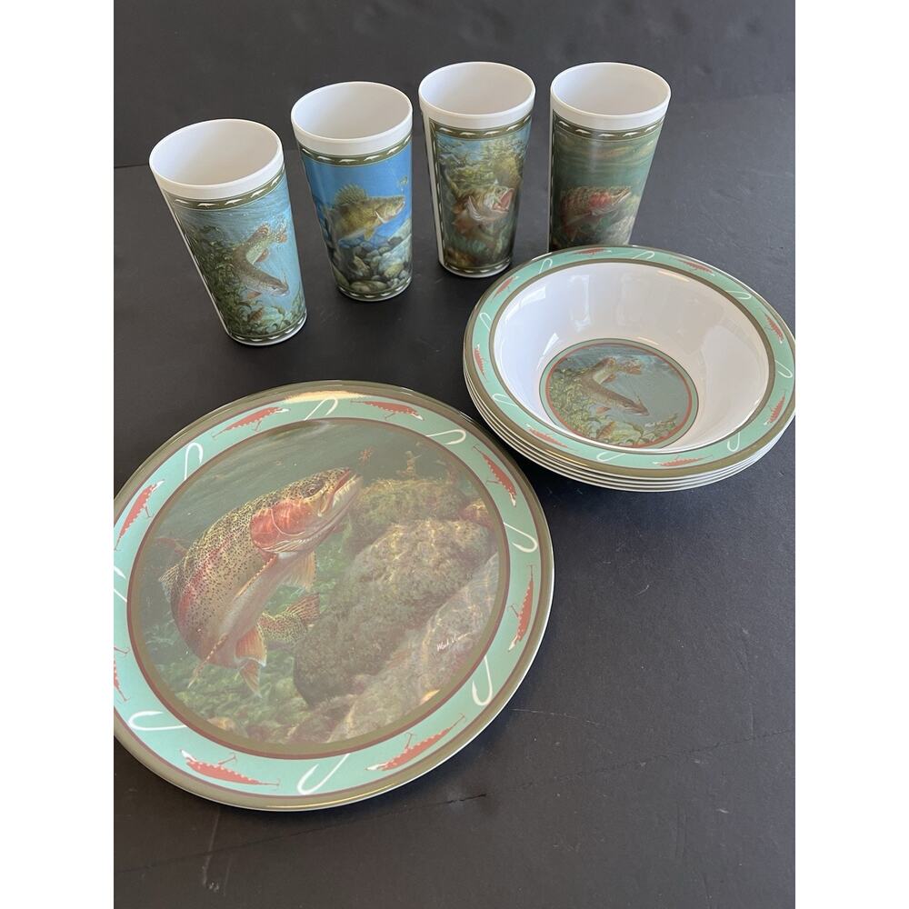 Wild Wings Melamine Dishes Fish 12pc Set Camping Fishing Tableware Mark Susinno